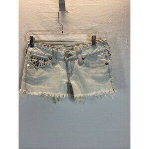 True Religion denim cut off Shorts Women’s Size‎ 27 rhinestones 3" embellished